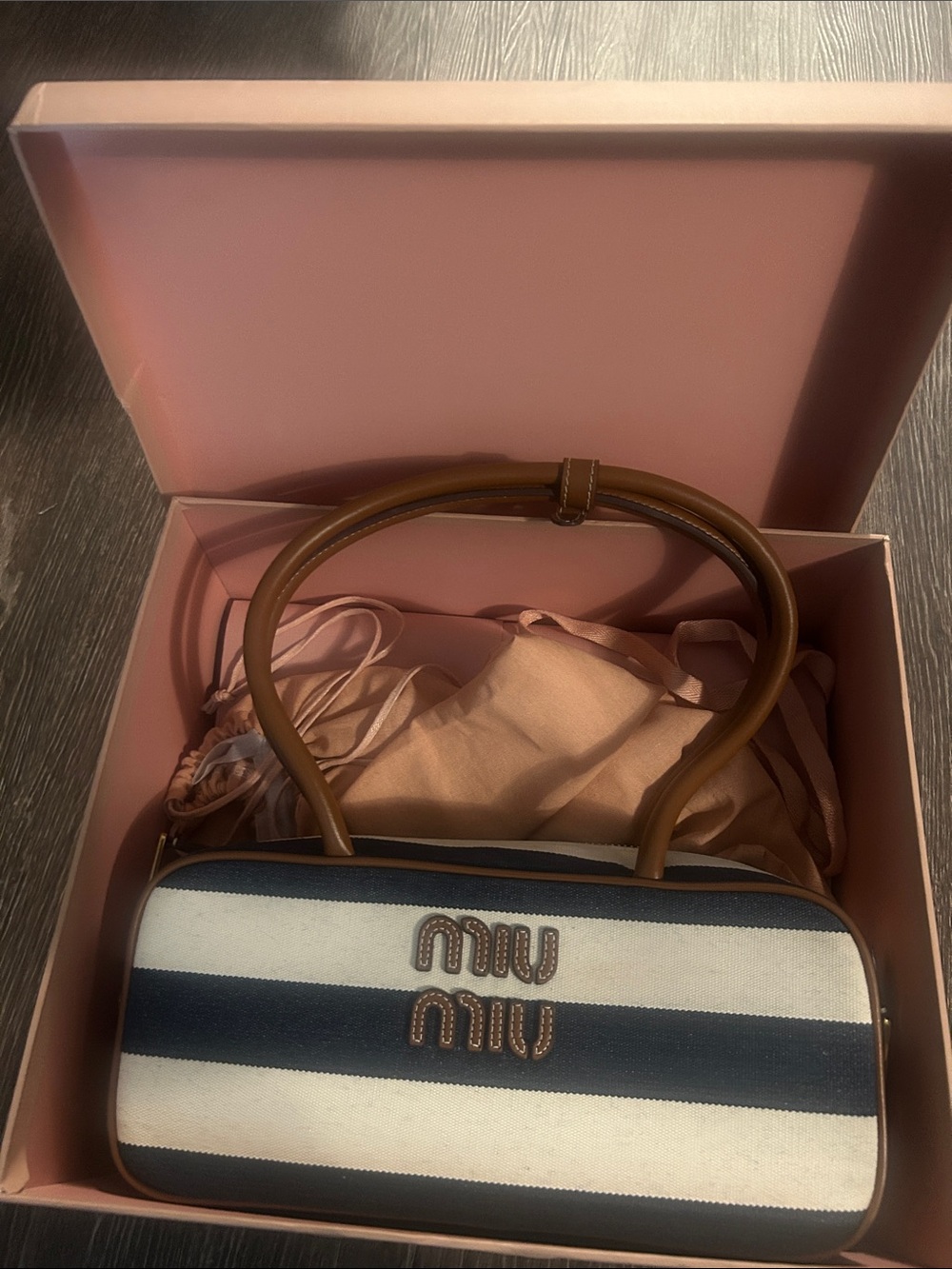 Miu Miu Navy and White Striped Mini Top-Handle Bag with Brown Handles